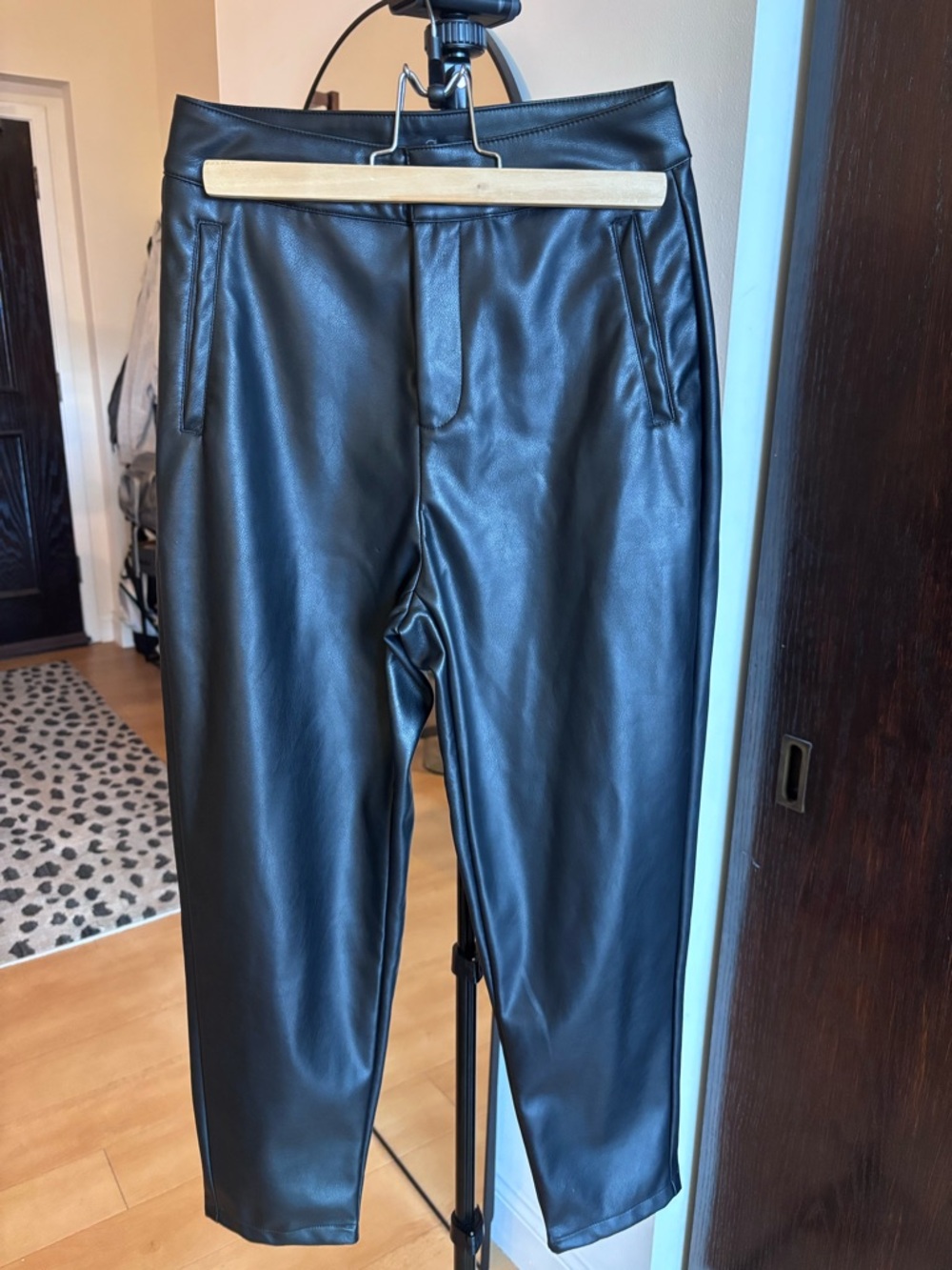 Black Faux Leather Tapered Pants